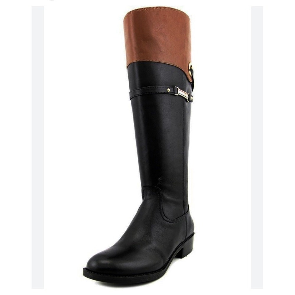 Tommy Hilfiger Women's Delphy Leather Wide Calf Riding Boots, Black/Tan, US 10 M